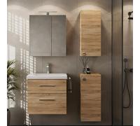 Planetmöbel Ensemble de Meubles de Salle de Bains Lavabo avec Meuble Bas 63 x 60 x 36,5 cm, Armoire de Toilette 60 cm avec Lampe LED (Noir Mat) & Prise de Courant, 2X armoires centrales, chêne Sonoma