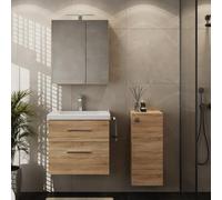 Planetmöbel Ensemble de Meubles de Salle de Bains Lavabo avec Meuble Bas 63 x 60 x 36,5 cm, Armoire de Toilette 60 cm avec Lampe LED (Noir Mat) & Prise de Courant, Armoire Centrale, chêne Sonoma