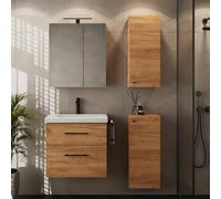 Planetmöbel Ensemble de Meubles de Salle de Bains Lavabo avec Meuble Bas 63 x 60 x 36,5 cm, Armoire de Toilette 60 cm avec Lampe LED (Noir Mat) & Prise de Courant, 2X armoires centrales, chêne doré
