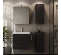 Planetmöbel Ensemble de Meubles de Salle de Bains Lavabo | meuble bas 63 x 60 x 36,5 cm, armoire de toilette 60 cm avec lampe LED (noir mat) & prise de courant, 2X armoires centrales