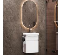 Planetmöbel lavabo avec Meuble Bas 45 cm avec Vasque en céramique et Miroir Ovale avec éclairage, Ensemble de Meubles de Salle de Bains pour WC invités, Blanc Mat