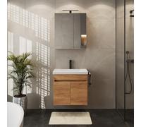 Planetmöbel Lavabo avec meuble bas avec lavabo en céramique 63 x 60 x 36,5 cm, armoire à miroir de 60 cm avec lumière LED (noir mat) et prise de courant, ensemble de meubles de salle de bain modernes