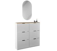 Planetmöbel Lot de 2 armoires à chaussures étroites avec miroir ovale avec éclairage (2 niveaux de lumière), commode à chaussures à 3 rabats avec 6 étagères, ensemble de garde-robe, 60 x 23 x 118 cm