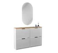 Planetmöbel Lot de 2 armoires à chaussures étroites avec miroir ovale avec éclairage (2 niveaux de lumière), commode à chaussures avec 2 rabats et 4 étagères, ensemble de garde-robe, 60 x 23 x 80,5 cm