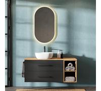 Planetmöbel Lux Ensemble de meubles de salle de bain avec lavabo de 120 cm suspendu et lavabo à poser 42 cm blanc, meuble de lavabo chêne doré/anthracite