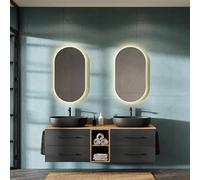 Planetmöbel LUX - Ensemble de meubles de salle de bain avec meuble de 170 cm, 2 lavabos noirs de 60 cm, 2 miroirs de 50 cm (sans LED), couleur: chêne doré/anthracite