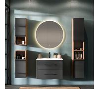 Planetmöbel LUX Ensemble de mobilier de salle de bain - Lavabo avec meuble de toilette de 70 cm, lavabo en céramique avec meuble bas, 1x armoire haute de 165 cm + 2x armoire midi de 75 cm, Or Chêne