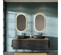 Planetmöbel LUX Meuble de salle de bain avec lavabo 180 cm, 2 lavabos à poser 60 cm noir, 2 miroirs de 50 cm (sans LED), chêne doré/anthracite