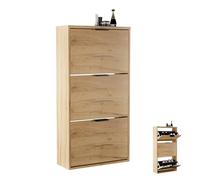 Planetmöbel Meuble à Chaussures étroit avec 3 Portes, étagère à Chaussures Peu encombrante avec 6 tablettes, Rangement Chaussures pour entrée, Couloir, vestiaire 60 x 23 x 118 cm, chêne doré