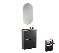 Planetmöbel Meuble à Chaussures étroit avec Miroir Ovale LED (2 Niveaux), 2 abattants, Noir