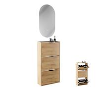 Planetmöbel Meuble à Chaussures étroit avec Miroir Ovale LED (2 Niveaux), 3 abattants, 6 étagères, chêne doré