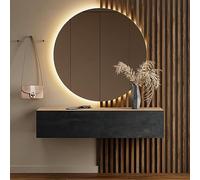 Planetmöbel Meuble d’Entrée avec Armoire Murale 140 cm, Chêne doré - Noir Charbon, Vestiaire Compact avec Rangement à Abattant, Suspendue ou à Poser, 37,8 x 140 x 32,5 cm