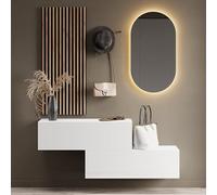 Planetmöbel Meuble de couloir Gardienne 2X 100 cm blanc, Panneau mural 50 cm Or Chêne/Anthracite avec miroir 50 cm (sans LED), Porte-manteau mural 32,5H x 100L x 37,8P cm