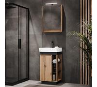 Planetmöbel Nyx 3 pièces Meuble-lavabo Meuble sous Vasque 45 x 85,9 x 42 cm Chêne Wotan/Anthracite Armoire de Toilette 50 x 65 x 11,4 cm avec éclairage LED et robinetterie de Salle de Bain Noire