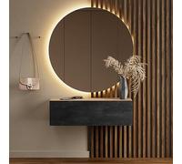 Planetmöbel Porte-manteau de couloir 100 cm avec miroir rond avec éclairage 100 cm, chêne doré - charbon noir, meuble de couloir avec miroir, 37,8 x 100 x 32,5 cm (P x l x H)