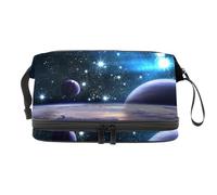 Planets Starry Space Sky Trousse à maquillage double couche pour femmes et filles, trousse de toilette de voyage, trousse de maquillage, pochette de rangement pratique avec compartiment à pinceaux,