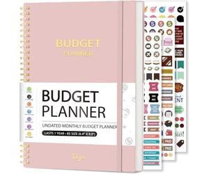 Planificateur budgétaire non daté avec étiquettes autocollantes, carnet de budget mensuel A5 avec suivi des dépenses et des économies pour la gestion de l'argent et l'épargne (rose)