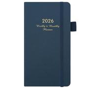 Planificateur de poche 2026, janvier 2026 à décembre 2026, planificateur scolaire hebdomadaire et mensuel, 9,8 x 18 cm, avec couverture flexible, boucle pour stylo, couverture en cuir synthétique