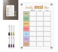 Planificateur de repas magnétique - Planificateur de préparation hebdomadaire blanc en acrylique, ensemble de 6 stylos colorés, bloc-notes de liste d'épicerie effaçable | Système de conception de cale