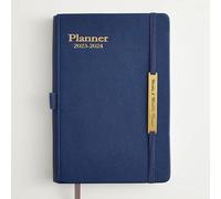 Planificateur hebdomadaire et mensuel 2023-2024 en cuir à couverture rigide, de juillet 2023 à décembre 2024, format A5 14 x 20,3 cm, comprend : autocollants d'agenda + onglet mensuel et marque-pages + poche intérieure + fermeture élastique + passant pour stylo (bleu marine)