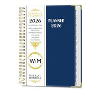 Planificateur hebdomadaire et mensuel 2026 avec reliure à double bobine, janvier 2026 à décembre 2026, couverture rigide en papier avec onglets mensuels, sangle de fermeture élastique, organiseur