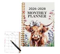 Planificateur mensuel 2026-2028 | 50 pages à reliure à spirale - Carnet de notes acédémique - Motif bétail, pour écrire, bureau, école, maison, amis, vacances, Noël, anniversaire