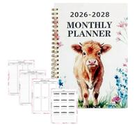 Planificateur sur trois ans - Calendrier mensuel 2026-2028, journal à à motif de vache, livre d'organisation académique daté, carnet de devoirs pour enseignant et étudiant | Gestion de la prod