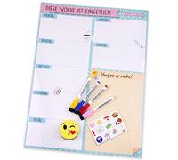 Planning de la Semaine Magnétique, 4 Feutres de Couleur, 12 Aimants, 1 Effaceur | Calendrier Frigo 43x32cm Tableau Cuisine Organiseur Rappel Liste de Courses Menu Boîte Cadeau (Blanc, Allemand)