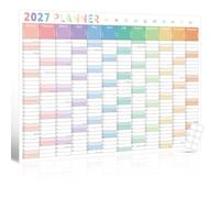 Planning mural 2027 pastel A1 UK, calendrier annuel, w nd surligné | Colonnes mensuelles à code couleur, faciles à nettoyer, laminées brillantes, résistantes à l'eau, 200 g/m², 84,1 x 59,4 cm
