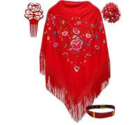 Planta Color Châle blanc, éventail en bois, housse en cuir pour éventail fabriqué en Espagne et porte-clés style flamant rose, Blanc, rouge et jaune, L