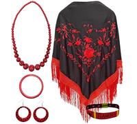Planta Color Châle brodé de fleurs avec perles à pois (collier, bracelet et boucles d'oreilles) et bracelet en tissu avec motif pour amoureux du flamenco (noir, rouge, franges rouges)