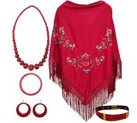 Planta Color Châle brodé de fleurs avec perles à pois (collier, bracelet et boucles d'oreilles) et bracelet en tissu avec motif pour amoureux du flamenco (bordeaux 3 fleurs)