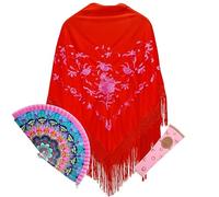 Planta Color Châle brodé de fleurs, éventail en bois et housse en cuir artisanal - Élégance et tradition espagnole pour fêtes et événements, Rouge rose, L