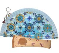 Planta Color Éventails floraux, paysages et figures de couleurs avec étui artisanal. Magnifique éventail en bois avec étui fabriqué en Espagne. Porte-clés avec symboles espagnols (ocre et bleu)