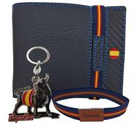 Planta Color Portefeuille en cuir pour homme fabriqué artisanalement en Ubrique Hommes et adolescents, comprend un porte-clés et un bracelet sur le thème espagnol., 76 Noir Bande Gravée Fil Bleu,