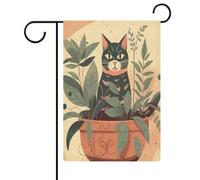 Plante en pot à côté du drapeau de jardin de chat double face pour l'extérieur de la cour - Bannières de bienvenue pour les fêtes de fin d'année - Décoration d'intérieur - 32,6 x 47,8 cm