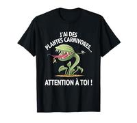 Plantes Carnivores Jardinage Drôle Attention T-Shirt Noir Unisex Adulte S Coupe Classique Manche Courte Col V Petit Regular Automne Hiver