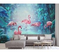 Plantes En Tridimensionnel Feuilles Vertes Flamant Rose Papier Peint 3D Installation Facile Intissé Tapisserie Bureau Salon Canapé Chambre Décoration Murale-400cm×280cm