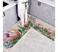 Plantes Et Fleurs Lot de 2 Tapis de Cuisine Antidérapants,Branches Et Feuilles Protée Royale Tapis de Sol Lavables Absorbant l'eau et l'huile Rose pour Couloir Salle à Manger Entrée - 44x70+44x120cm