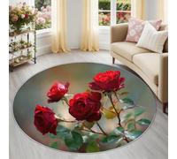 Plantes Et Fleurs Tapis rond lavable pour Salon 120 cm, antidérapant, pour chambre à coucher, tapis doux à imprimé de Roses Rouges Fleuries & Feuilles Vert Émeraude pour Chambre À Coucher, Rouge Vert