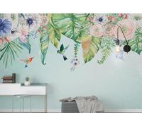Plantes Feuilles Vertes Fleurs Oiseaux Papillons Papier Peint 3D Installation Facile Intissé Tapisserie Bureau Salon Canapé Chambre Décoration Murale-200cm×140cm