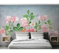 Plantes Feuilles Vertes Fleurs Roses Papillons Papier Peint 3D Installation Facile Intissé Tapisserie Bureau Salon Canapé Chambre Décoration Murale-250cm×170cm