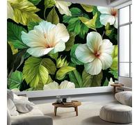 Plantes Fleurs D'Hibiscus Blanches Feuilles Vertes Murale Photo Papier Peint 250 x 175 cm Intissé Tableaux Poster Mural Tapisserie, Vert Papier Peint Panoramique Salon Maison Appartement