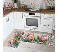 Plantes Fleurs Lot de 2 Tapis Cuisine antidérapants lavables, Protéa Royale Lavande Tapis de Cuisine, Rose - 50x80+50x120cm