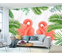 Plantes Simples Feuilles Vertes Animal Flamant Rose Papier Peint 3D Soie Texturée Haut De Gamme Salon Canapé Chambre À Coucher Salle Manger Murale-250cm×170cm