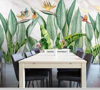 Plantes Vertes Feuilles Fleurs Flamant Rose Papier Peint 3D Installation Facile Intissé Tapisserie Bureau Salon Canapé Chambre Décoration Murale-150cm×105cm