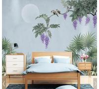 Plantes Vertes Fleurs Violettes Petits Oiseaux Papier Peint 3D Installation Facile Intissé Tapisserie Bureau Salon Canapé Chambre Décoration Murale-200cm×140cm
