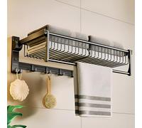 Plantex Porte-Serviettes Pliable en Aluminium pour Salle de Bain, Tringle avec Crochets et Accessoires, Noir, 61 cm