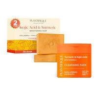 PLANTIFIQUE Kojic Acid Soap - Savon Éclaircissant Peau Noir Rapide Efficace - 2 Barres & Disques Nettoyants au Curcuma - 60 Disques Exfoliants Visage pour Taches Brunes et Hyperpigmentation