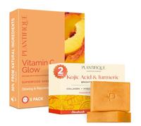 PLANTIFIQUE Kojic Acid Soap - Savon Éclaircissant Peau Noir Rapide Efficace - 2 Barres & Masque en Tissu Visage Vitamin C Glow 5 Masques - Masques Revitalisants et Éclatants